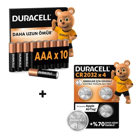DURACELL BASIC AAA İnce Alkalin Kalem Pil (10'lu Paket) & CR 2032 Lityum Düğme Pil (4'lü Paket)