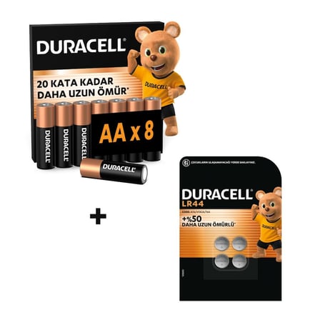DURACELL BASIC AA Alkalin Kalem Pil (8'li Paket) & DURACELL LR44 Alkalin Özel Pil (4'lü Paket)