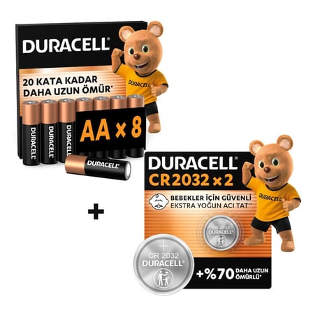 DURACELL BASIC AA Alkalin Kalem Pil (8'li Paket) & CR 2032 Lityum Düğme Pil (2'li Paket)
