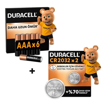 DURACELL BASIC AAA İnce Alkalin Kalem Pil (6'lı Paket) & CR 2032 Lityum Düğme Pil (2'li Paket)