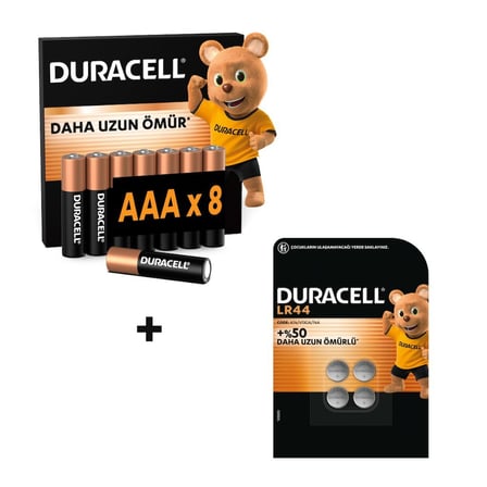 DURACELL BASIC AAA İnce Alkalin Kalem Pil (8'li Paket) & DURACELL LR44 Alkalin Özel Pil (4'lü Paket)
