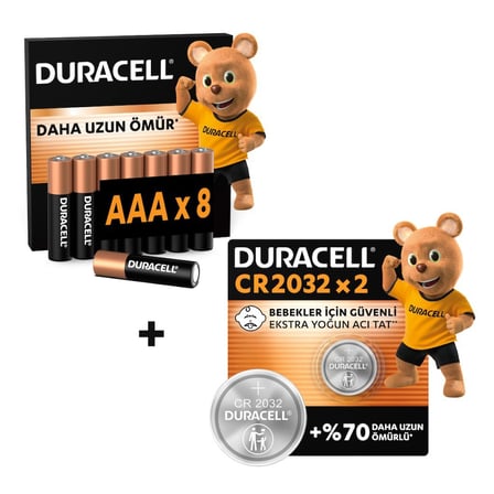 DURACELL BASIC AAA İnce Alkalin Kalem Pil (8'li Paket) & CR 2032 Lityum Düğme Pil (2'li Paket)