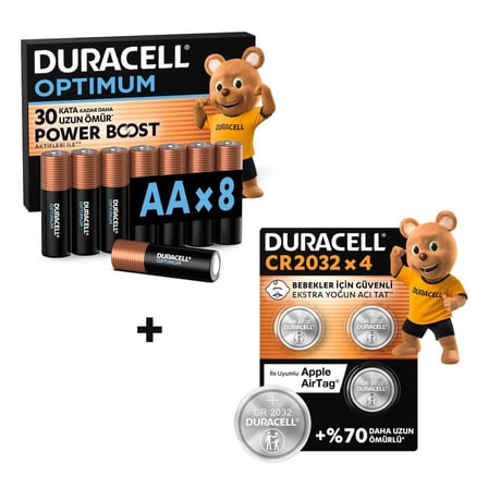 DURACELL OPTIMUM AA Alkalin Kalem Pil (8'li Paket) & CR 2032 Lityum Düğme Pil (4'lü Paket)
