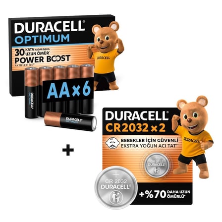 DURACELL OPTIMUM AA Alkalin Kalem Pil (6'lı Paket) & CR 2032 Lityum Düğme Pil (2'li Paket)