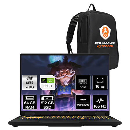Asus TUF F16 i5 13450HX 64GB 512GB SSD RTX5050/8GB 115W 165Hz 16'' WUXGA FDOS Gaming Laptop FX608JH