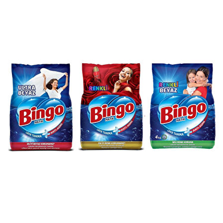 Bingo Matik 4 kg 3 lü Karma Paket (Ultra Beyaz-Renkli-Renkli Beyaz) 