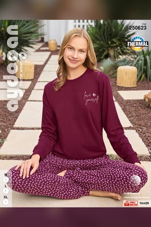 Aydoğan Kadın Asya Love Yourself Vişne Termal Pijama Takımı 250623