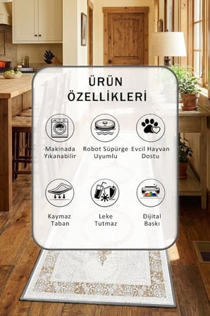 Bonjour Gri Mutfak Tezgah Önü Yıkanabilir Dijital Baskılı Halı