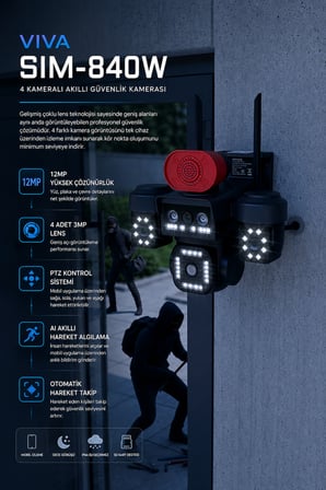 SIM-840W 4 Kameralı Güvenlik Kamerası 12MP WiFi PTZ AI Hareket Takipli Renkli Gece Görüşlü IP Kamera +128GB Hafıza Kart Dahil