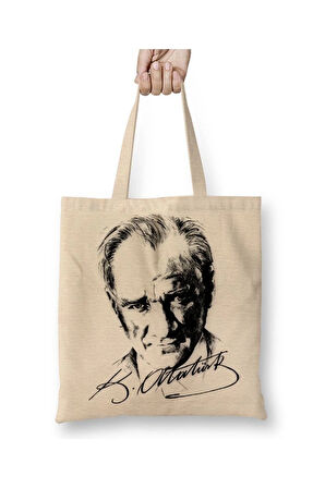 Atatürk İmzalı Beyaz Bez Çanta Uzun Saplı Alışveriş Çantası Plaj Çantası