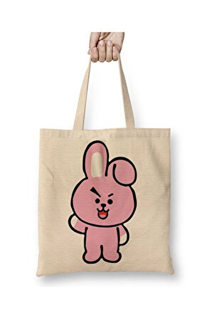 Bts Bt21 Cooky Beyaz Bez Çanta Uzun Saplı Alışveriş Çantası Plaj Çantası
