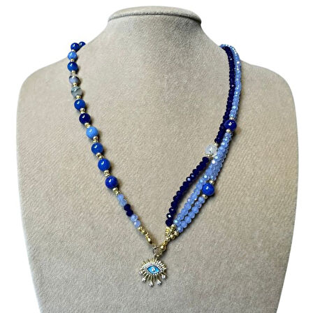 Uretti - Özlem 9422 4677 El Yapımı Mavi Akik Doğal Taş ve Kristal Taş Kolye