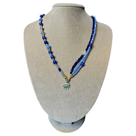 Uretti - Özlem 9422 4677 El Yapımı Mavi Akik Doğal Taş ve Kristal Taş Kolye