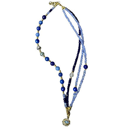 Uretti - Özlem 9422 4677 El Yapımı Mavi Akik Doğal Taş ve Kristal Taş Kolye