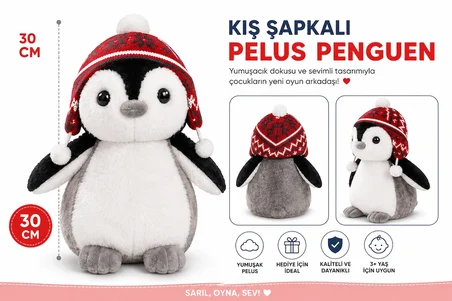 Halley Oyuncak 30 cm Kış Şapkalı Peluş Penguen – Yumuşak Sevimli Peluş Oyuncak
