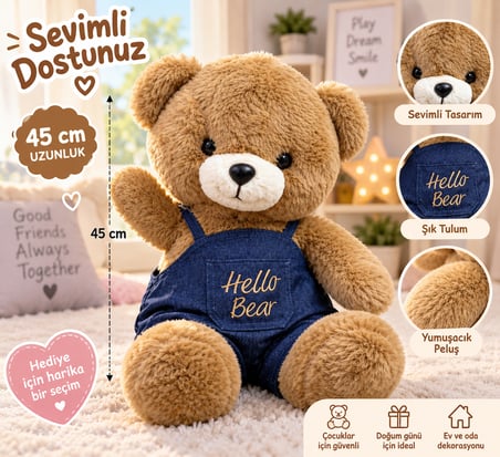 45 cm Peluş Ayıcık Hello Bear – Sevimli Yumuşak Oyuncak Ayı