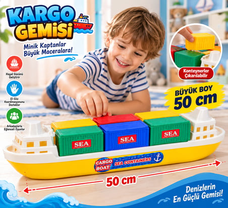 50 cm Cargo Boat Konteyner Gemisi – Suda Yüzen Büyük Oyuncak Gemi | Renkli Konteynerli