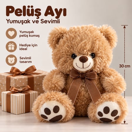 30 cm Pelüş Ayı – Fiyonklu Yumuşak Oyuncak Ayıcık