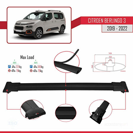 Citroen Berlingo 3 (K9) 2019-2022 Arası ile Uyumlu FLY Model Ara Atkı Tavan Barı Siyah 3 Adet