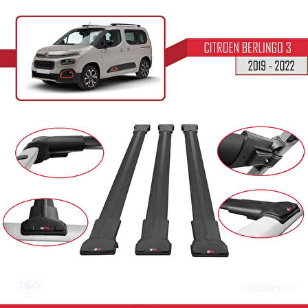 Citroen Berlingo 3 (K9) 2019-2022 Arası ile Uyumlu FLY Model Ara Atkı Tavan Barı Siyah 3 Adet