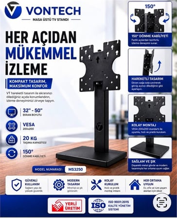 Vontech MS3250 32''-50'' Masaüstü 150° Döner Başlıklı Tv Askı Aparatı