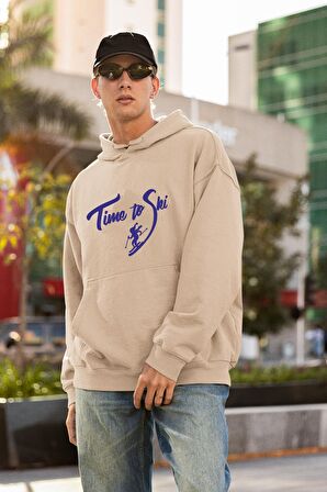 Oversize Unisex Ski Time Göğüse Baskılı Hoodie