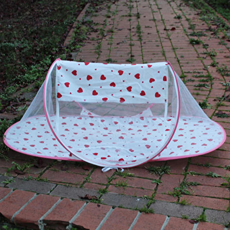 Çantalı Katlanabilir Bebek Cibinlik Gölgelik Çadırı 60X120 cm  Kalp Desenli, Sinek ve Haşere Koruma