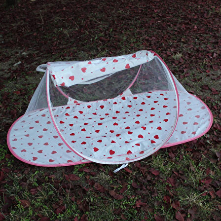 Çantalı Katlanabilir Bebek Cibinlik Gölgelik Çadırı 60X120 cm  Kalp Desenli, Sinek ve Haşere Koruma