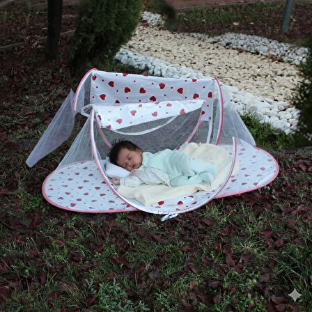 Çantalı Katlanabilir Bebek Cibinlik Gölgelik Çadırı 60X120 cm  Kalp Desenli, Sinek ve Haşere Koruma