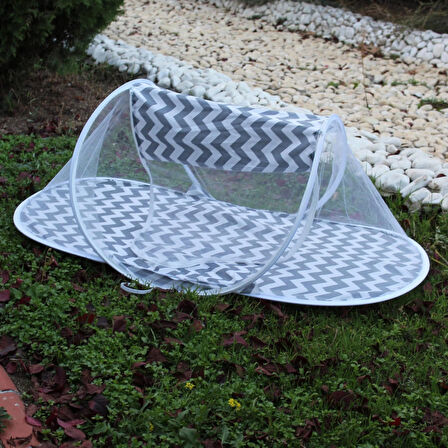 Çantalı Katlanabilir Bebek Cibinlik Gölgelik Çadırı 60X120 cm  Gri Zigzag Desenli Sinek ve Haşere Koruma