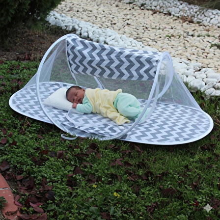 Çantalı Katlanabilir Bebek Cibinlik Gölgelik Çadırı 60X120 cm  Gri Zigzag Desenli Sinek ve Haşere Koruma