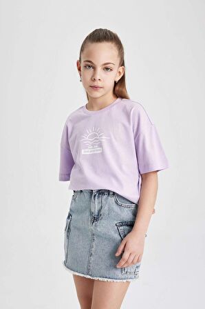 DeFacto Kız Çocuk Relax Fit Bisiklet Yaka Baskılı 2'li Kısa Kollu Tişört B6703A824SMPR67