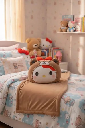 MINISO Sanrio Lisanslı Hello Kitty Ayıcık Kostümlü Yastık Battaniye – 2’si 1 Arada Peluş Figürlü 
