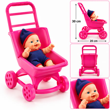 Mini Pembe Oyuncak Bebek Arabası (Bebek Dahil) – 30 cm