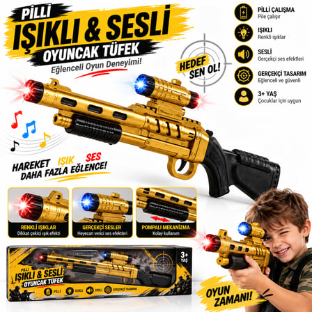 Gold Hunter Pilli Işıklı ve Sesli Oyuncak Tüfek – Altın Renk