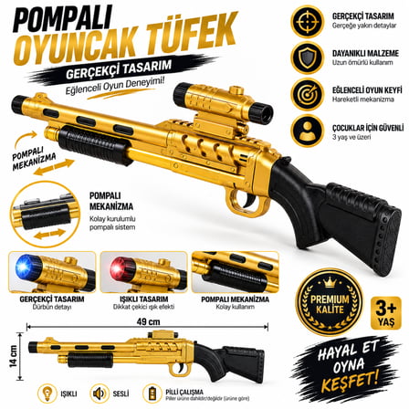Gold Hunter Pilli Işıklı ve Sesli Oyuncak Tüfek – Altın Renk