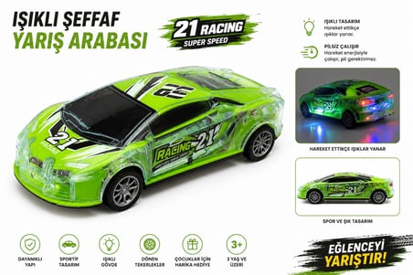 Işıklı Şeffaf Yarış Arabası – Sürtmeli Oyuncak Spor Araba | LED Işıklı Yeşil