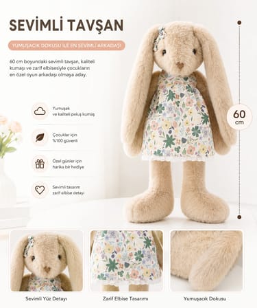 60 cm Çiçek Elbiseli Peluş Tavşan Oyuncak – Yumuşacık Sevimli Tavşan