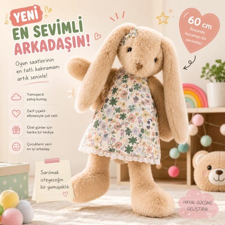 60 cm Çiçek Elbiseli Peluş Tavşan Oyuncak – Yumuşacık Sevimli Tavşan