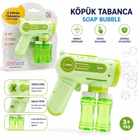 Pilli Köpük Tabancası – 2 Köpük Suyu Hediyeli Bubble Gun 3+ Yaş