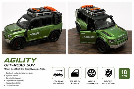 18 cm Die-Cast Off-Road Suv Çek Bırak Metal Oyuncak Araba – Açılabilir Kapılı Yeşil Jeep Modeli