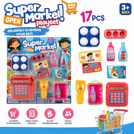 Süpermarket Oyun Seti 17 Parça – Oyuncak Yazar Kasa, Barkod Okuyucu ve Market Alışveriş Seti 3+ Yaş