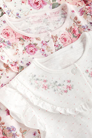 Next Baby % 100 Pamuklu Beyaz Pembe Çiçek İşlemeli 3’lü Romper Set