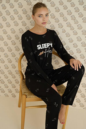 Kadın Desenli Bisiklet Yaka Düğmesiz Mevsimlik Likra Viskon Uzun Kol Pijama Takımı