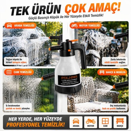 Polham Yeni Nesil 2L Şarjlı Otomatik Basınçlı Araç Yıkama Köpük Püskürtücü, Araç, Jant, Bahçe Yıkama Pompası