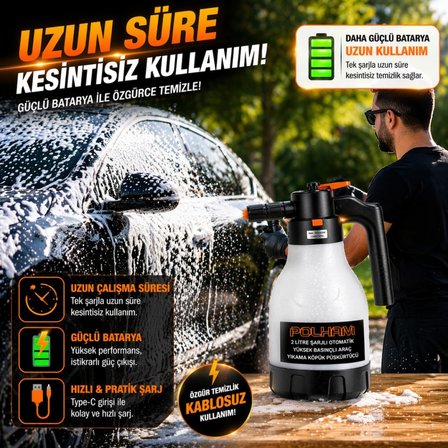 Polham Yeni Nesil 2L Şarjlı Otomatik Basınçlı Araç Yıkama Köpük Püskürtücü, Araç, Jant, Bahçe Yıkama Pompası