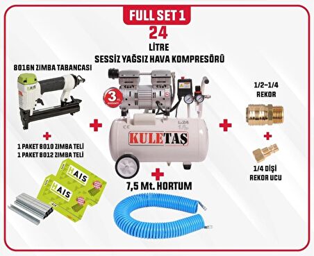 Full SET 1 Kuletaş Süper Sessiz Yağsız Hava Kompresörü 24 Litre 1 HP 3 Yıl GARANTİ