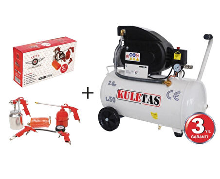 KULETAŞ 50 Litre Hava Kompresörü 2 Hp + Süper 5 Li Havalı Alet Seti