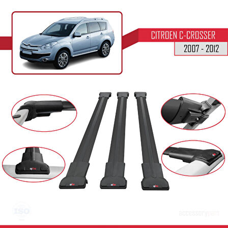 Citroen C-Crosser 2007-2012 Arası ile Uyumlu FLY Model Ara Atkı Tavan Barı Siyah 3 Adet