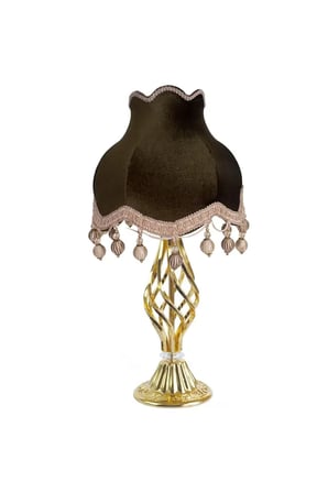 Haki Yeşili Kadife Kaplı Başlık Gold Metal Burgulu Ayaklı Klasik Model Abajur 50x30cm